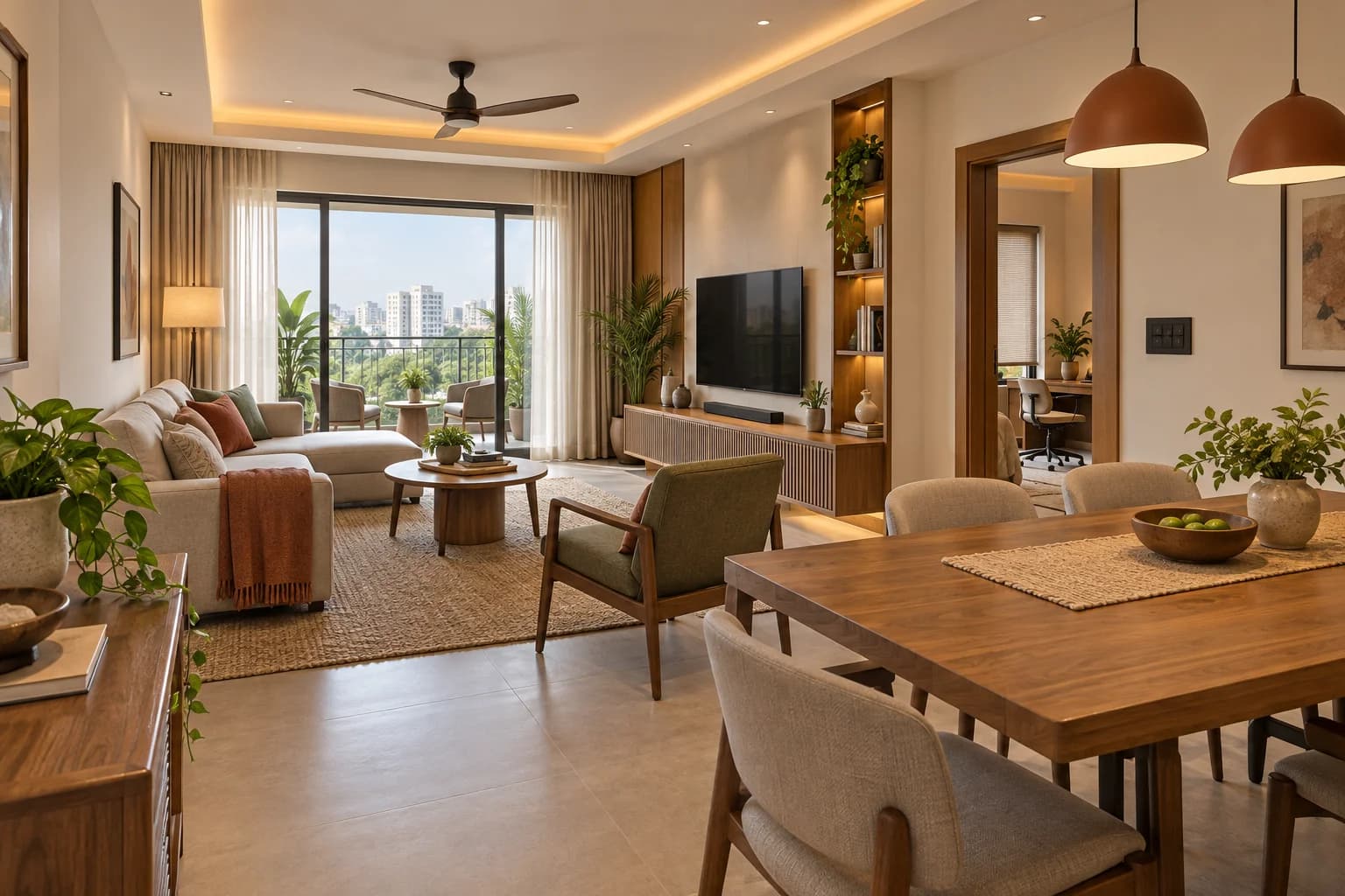 Apartment living room with layered lighting, curtains, a television and physical wall controls