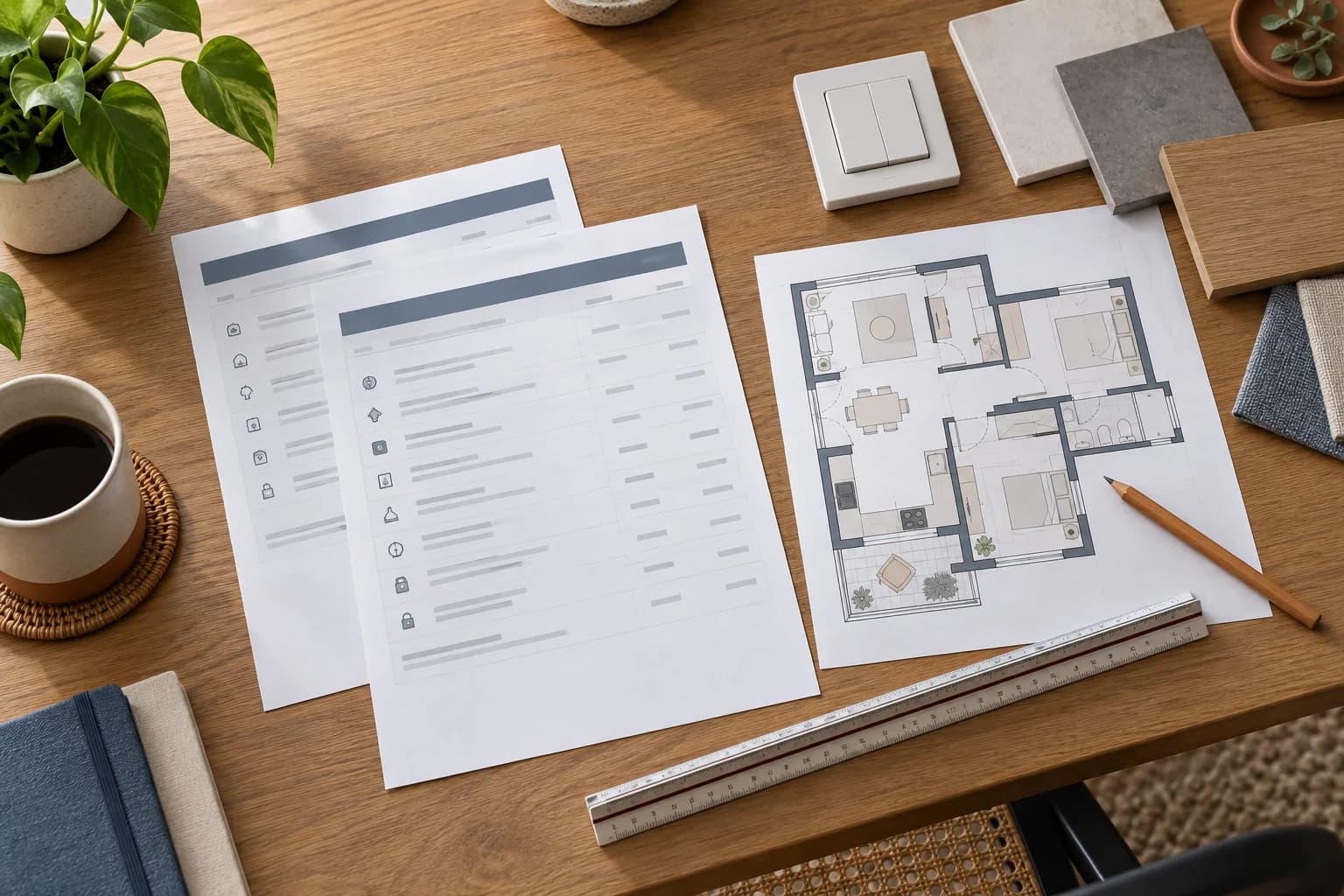 Conceptual planning desk with generic proposal sheets, a floor plan, finish samples and a wall-control sample
