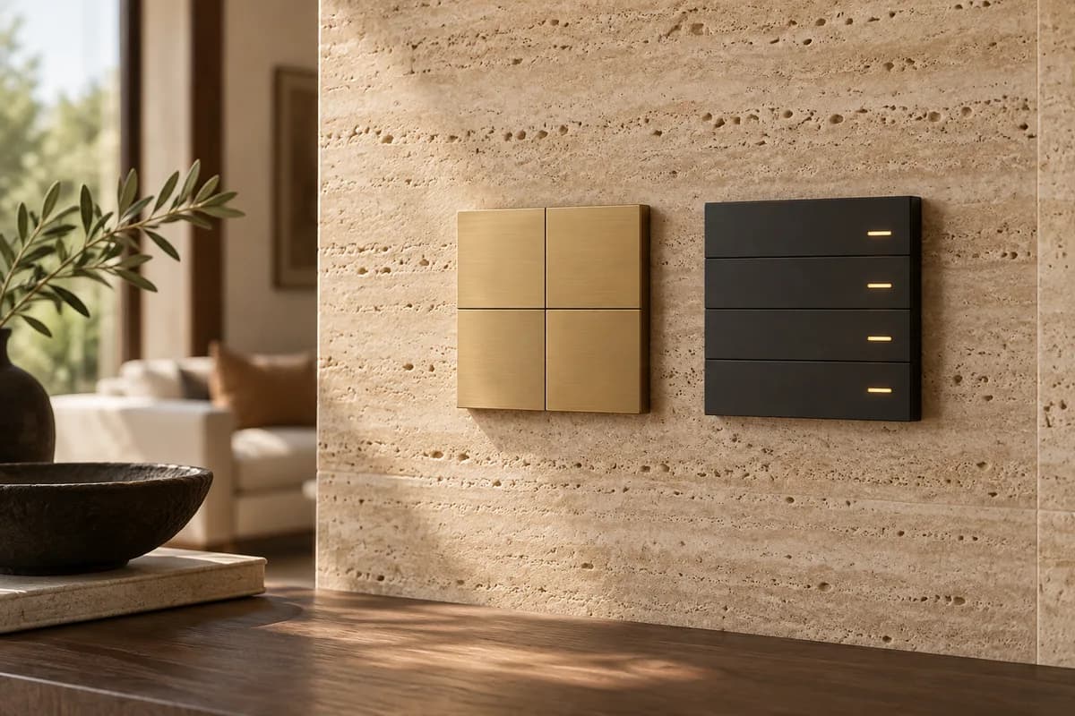 Macro editorial material study of two generic architectural wall-control samples, one smooth brass four-quadrant square and one charcoal control with small illuminated horizontal divisions, on travertine