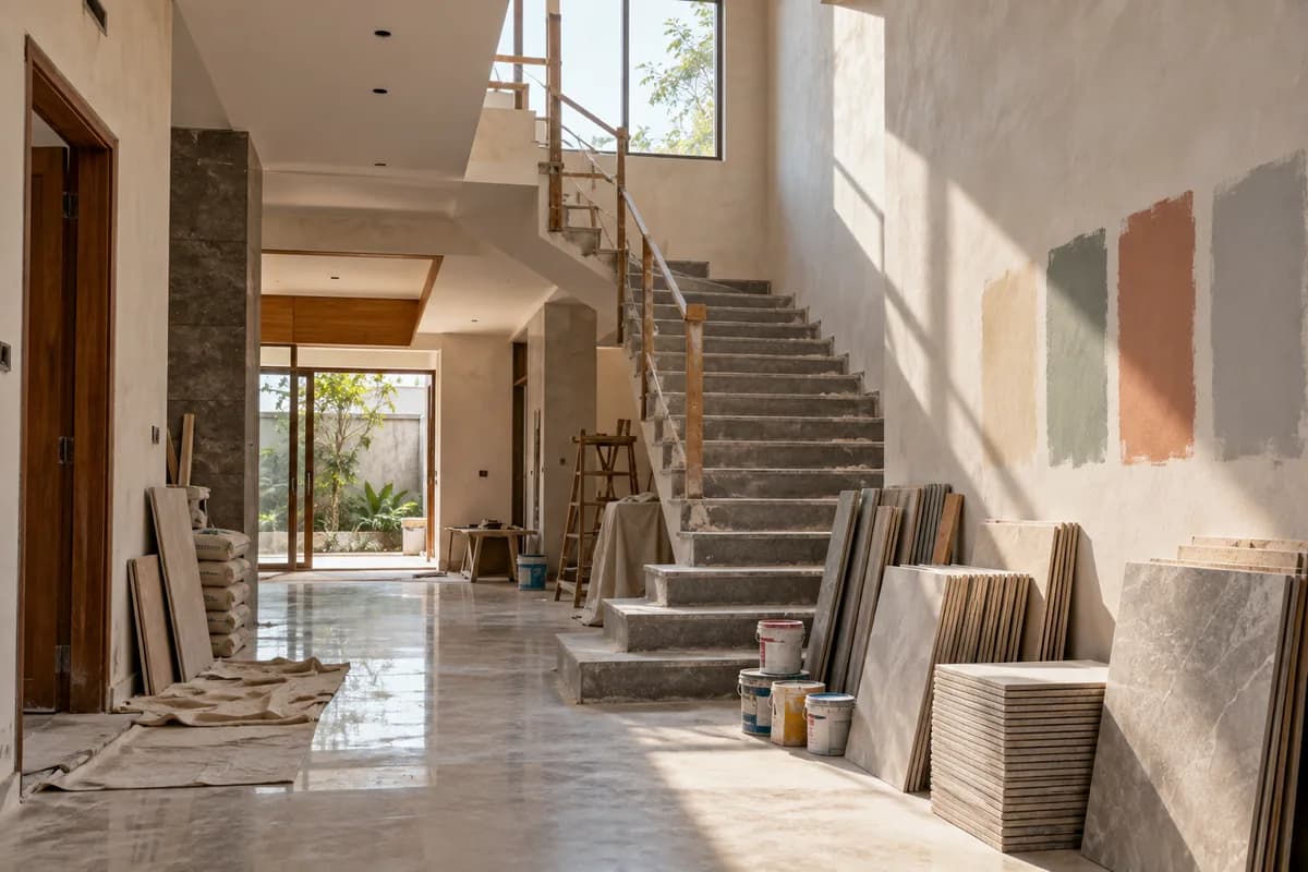 Indian home renovation in progress: partially finished staircase, stacked tiles and paint sample patches on plaster wall, sunlight through high window