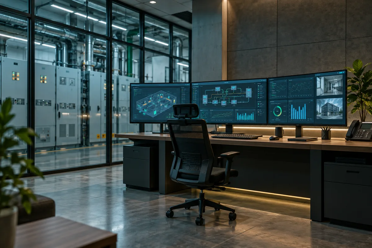 Building facilities control room with wide monitors showing abstract schematic blocks and graphs, empty operator chair, equipment cabinets behind glass