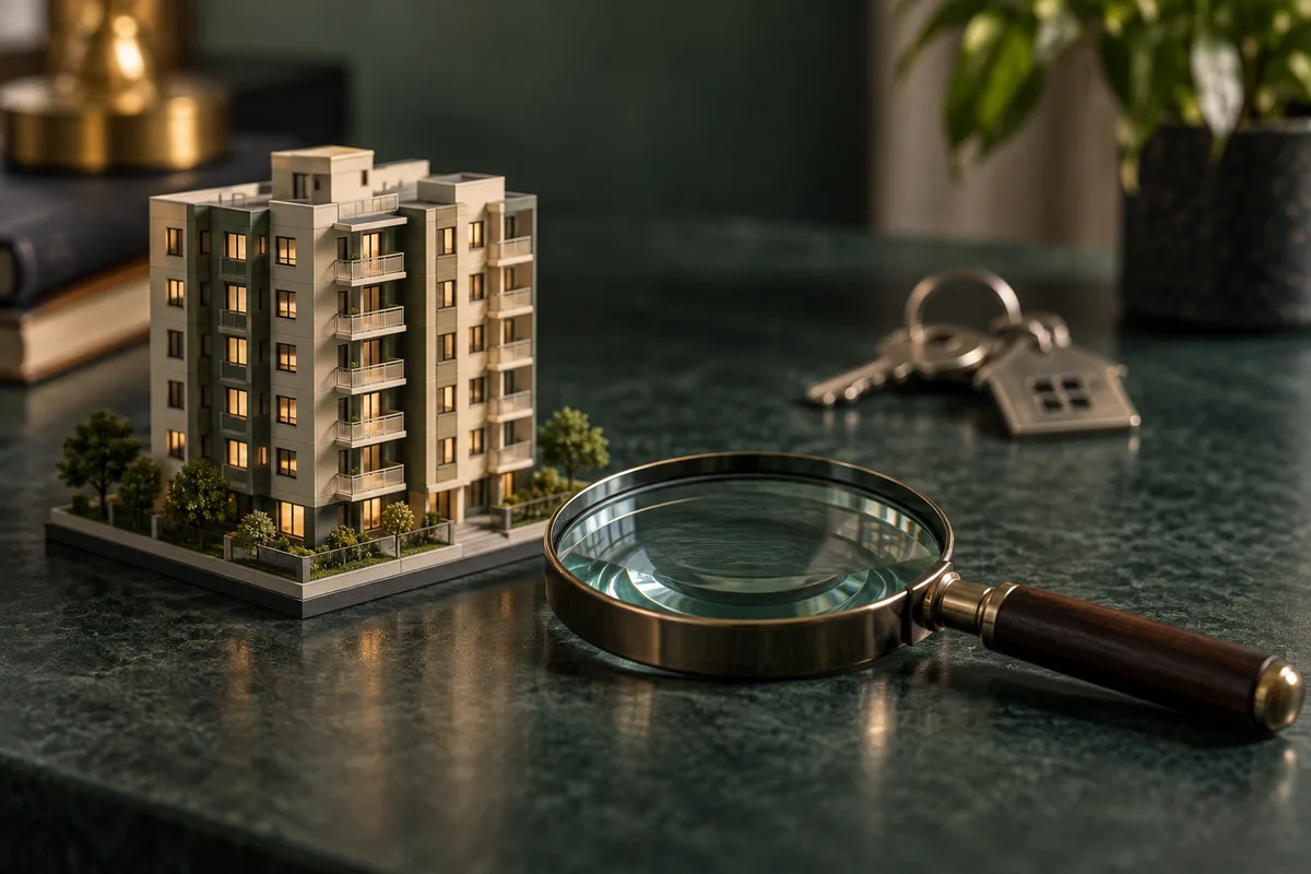 Miniature apartment building model standing beside a magnifying glass on dark green tabletop, out-of-focus house keys behind