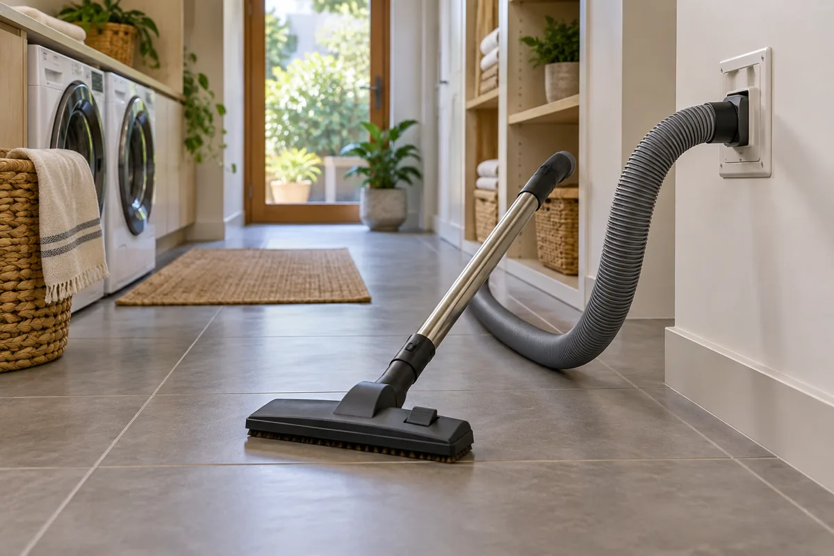 Central vacuum concept: close view of a vacuum hose neatly connected to a wall inlet in a laundry utility corridor, cleaning head resting on tiled floor