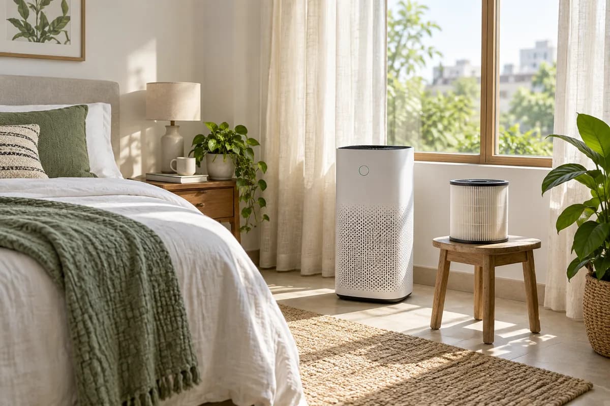 Sunlit bedroom with a generic air purifier near window, pale linen curtains, green plant and visible clean filter cartridge on nearby stool