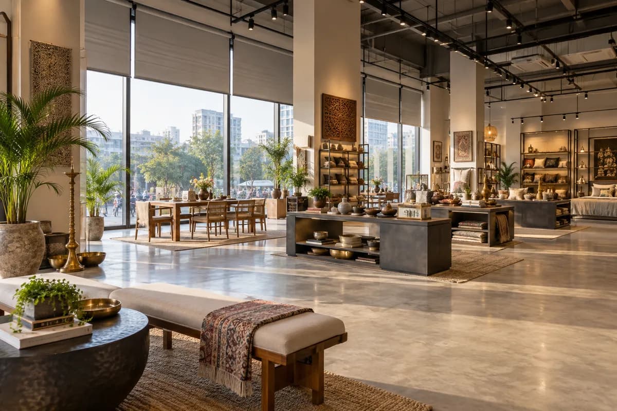 Empty modern Indian retail showroom at opening time, automatic blinds partly raised, track lighting and display islands