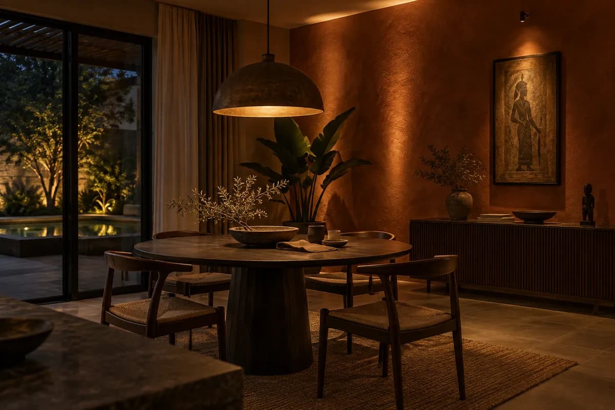 Sculptural dining-room lighting study: pendant above round dark table, wall-washing light on textured terracotta plaster, a narrow pool of light on an artwork