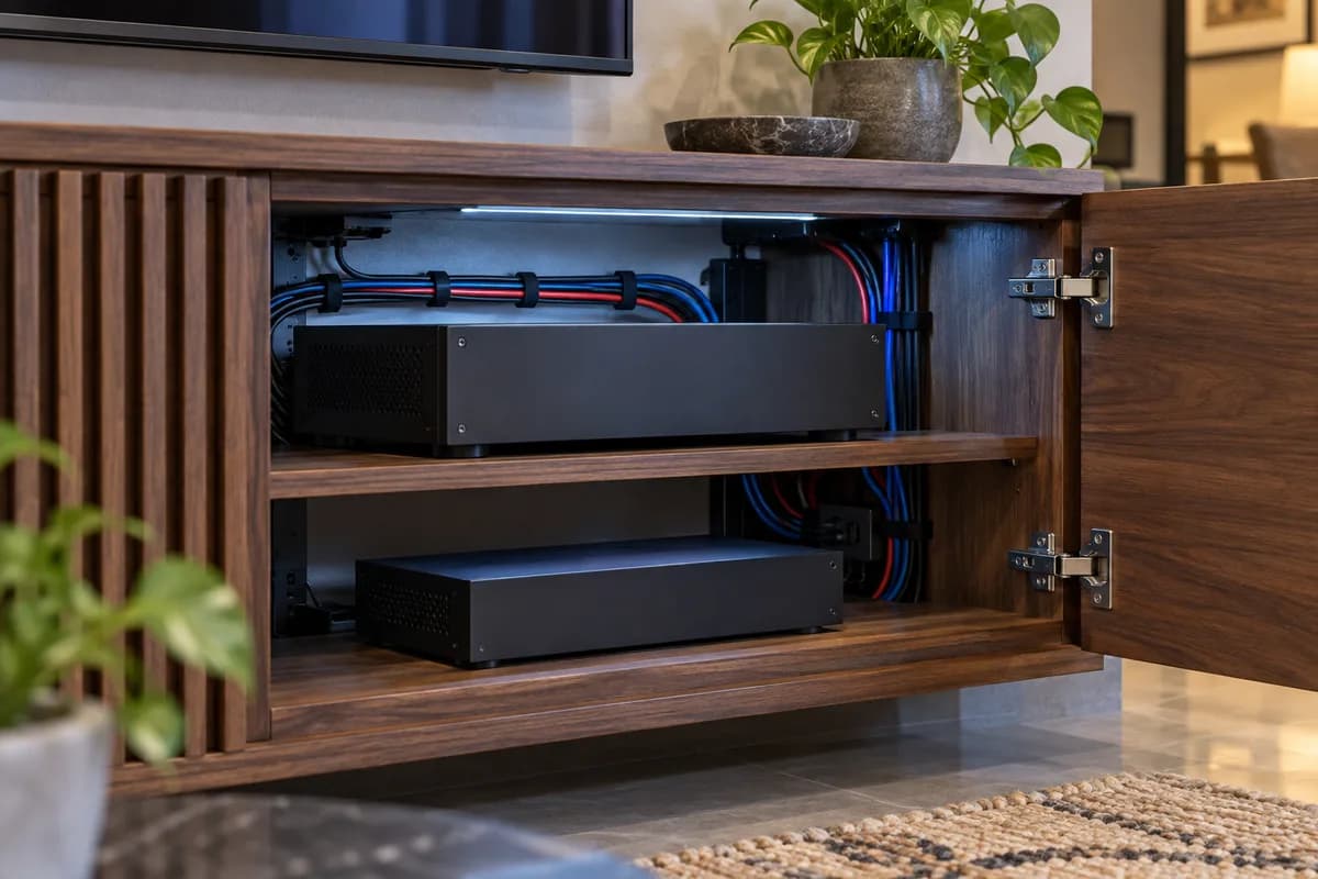 Close three-quarter view inside a tidy home AV cabinet showing two generic matte-black controller enclosures, neatly dressed coloured cables behind, cool technical lighting