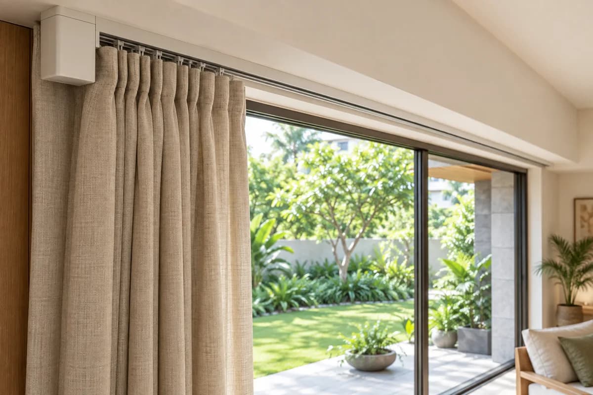 Close side view of a motorised curtain track near ceiling with linen fabric gathered to one side, large window and green garden beyond