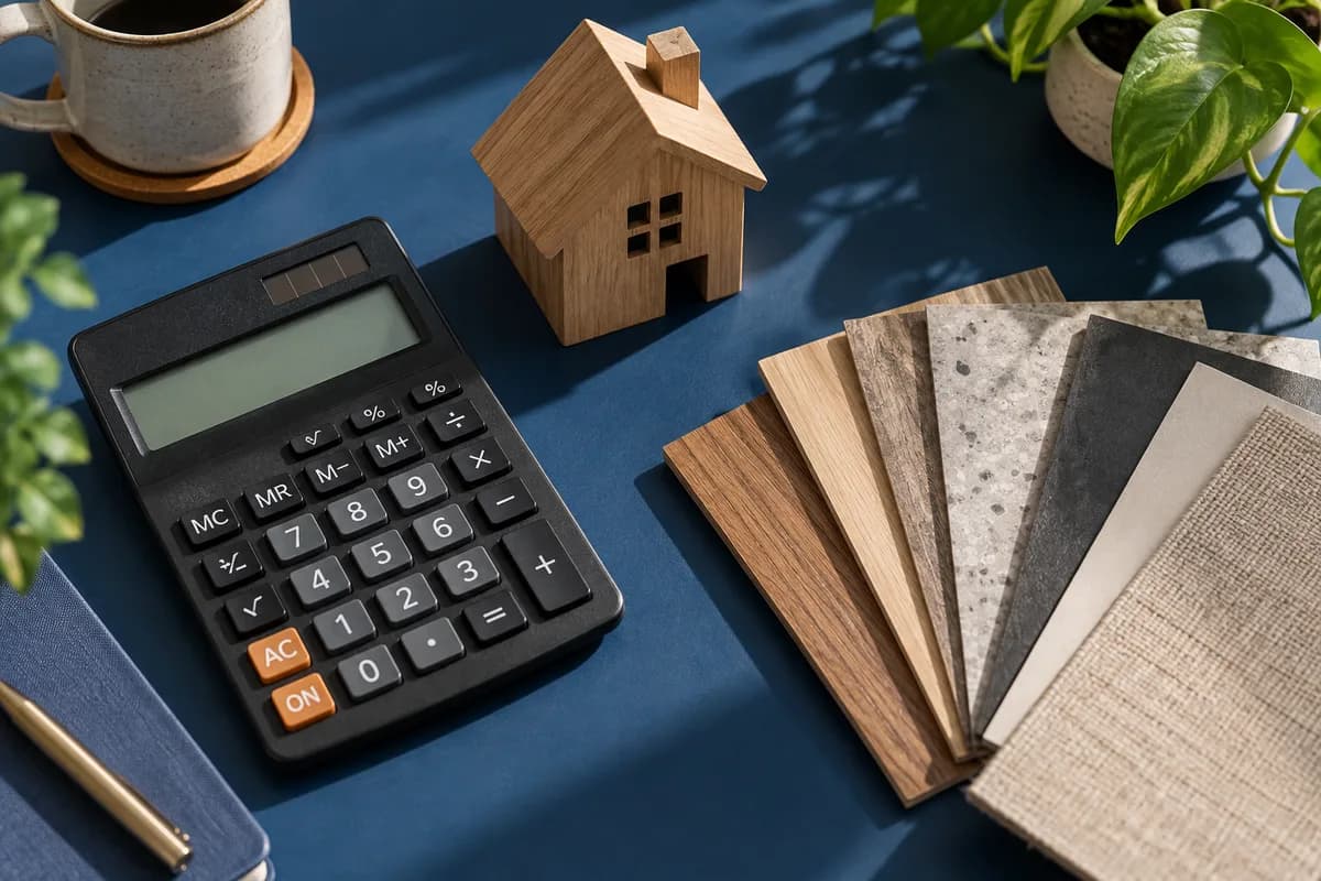Overhead close-up of a calculator, small wooden house model and a fan of neutral material samples on a deep blue desk