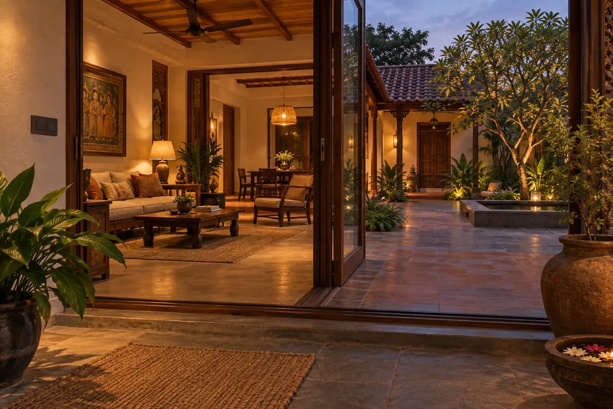 Indian courtyard home at dusk viewed through open sliding doors, warm layered lights inside, a subtle wall control near the entrance and garden beyond
