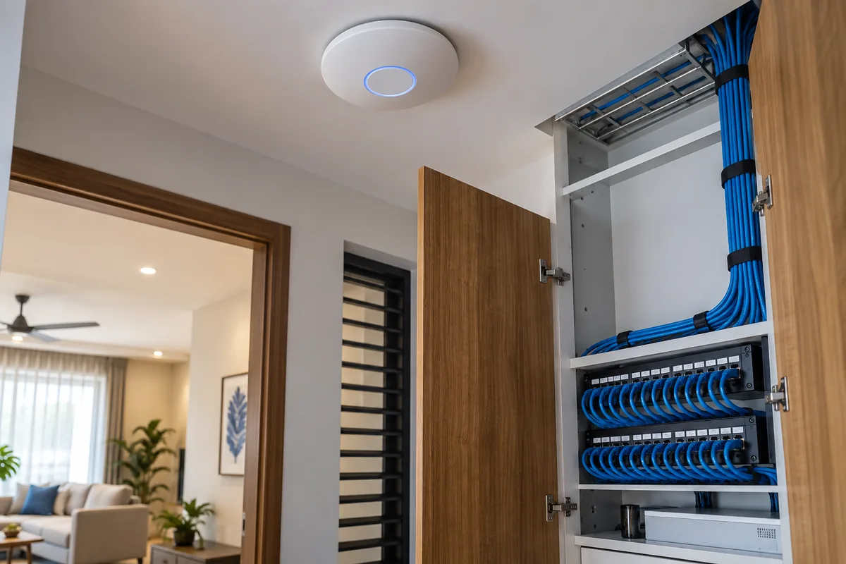 Ceiling-mounted wireless access point and network cable patch panel in a home utility cabinet, shot looking upward along tidy cable runs