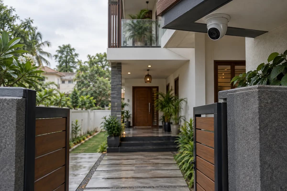 Exterior Indian house entrance viewed from gate, discreet security camera under eave in sharp foreground, walkway and porch in background