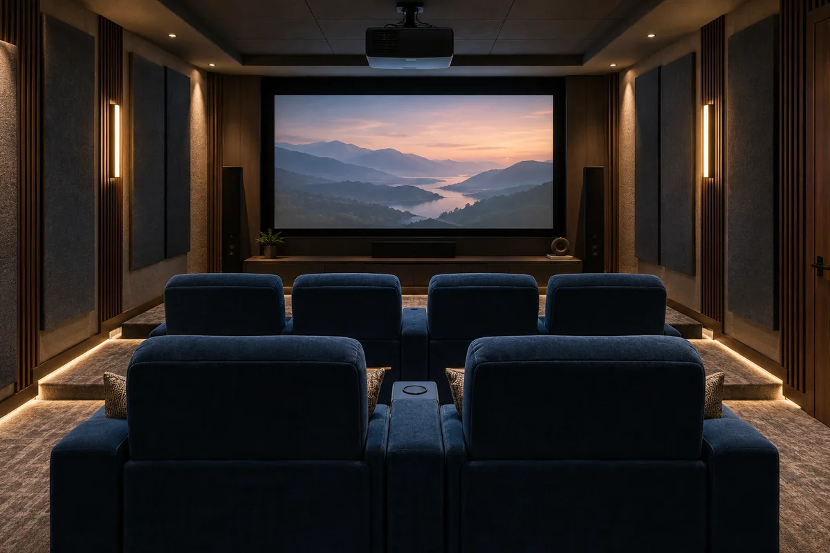 Dedicated private cinema with two rows of blue fabric seats, acoustic wall panels and projection screen showing abstract landscape, low aisle lighting