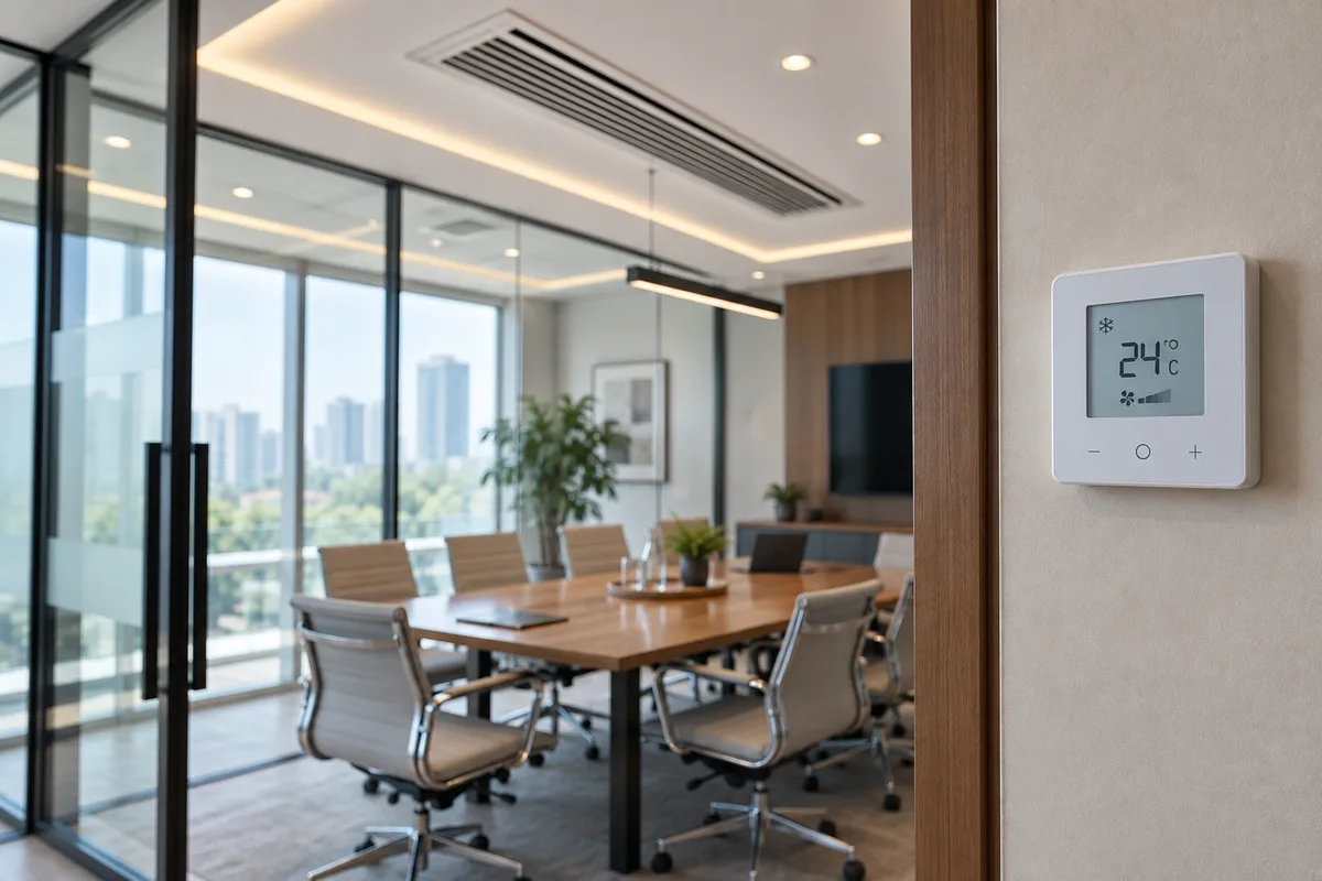 Ceiling air-conditioning grille in a contemporary office meeting room, generic wall thermostat in sharp foreground at right, glass partitions softly blurred