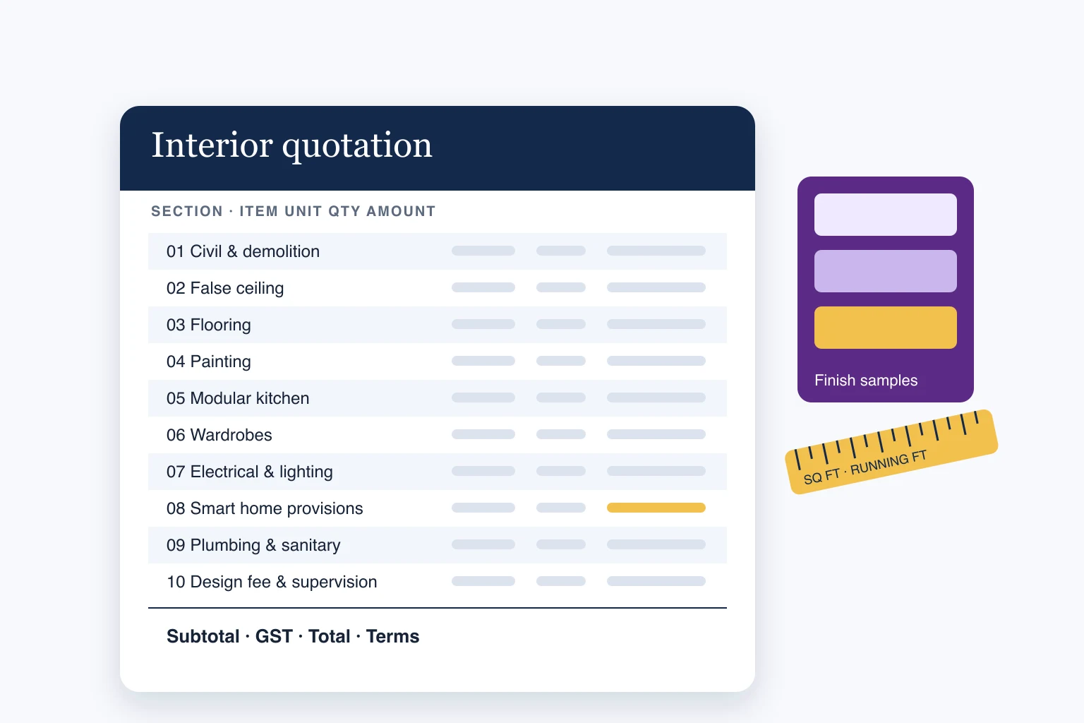Illustrated interior quotation sheet listing sections from civil work and false ceiling to smart home provisions, with finish samples and a measuring tape