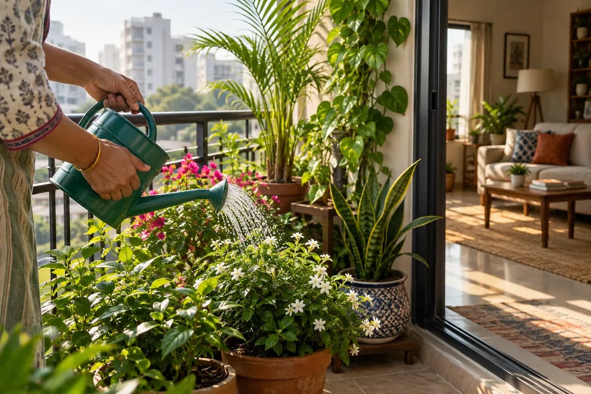 House caretaker's hands watering balcony plants at an Indian apartment, living room visible through open balcony door, morning light