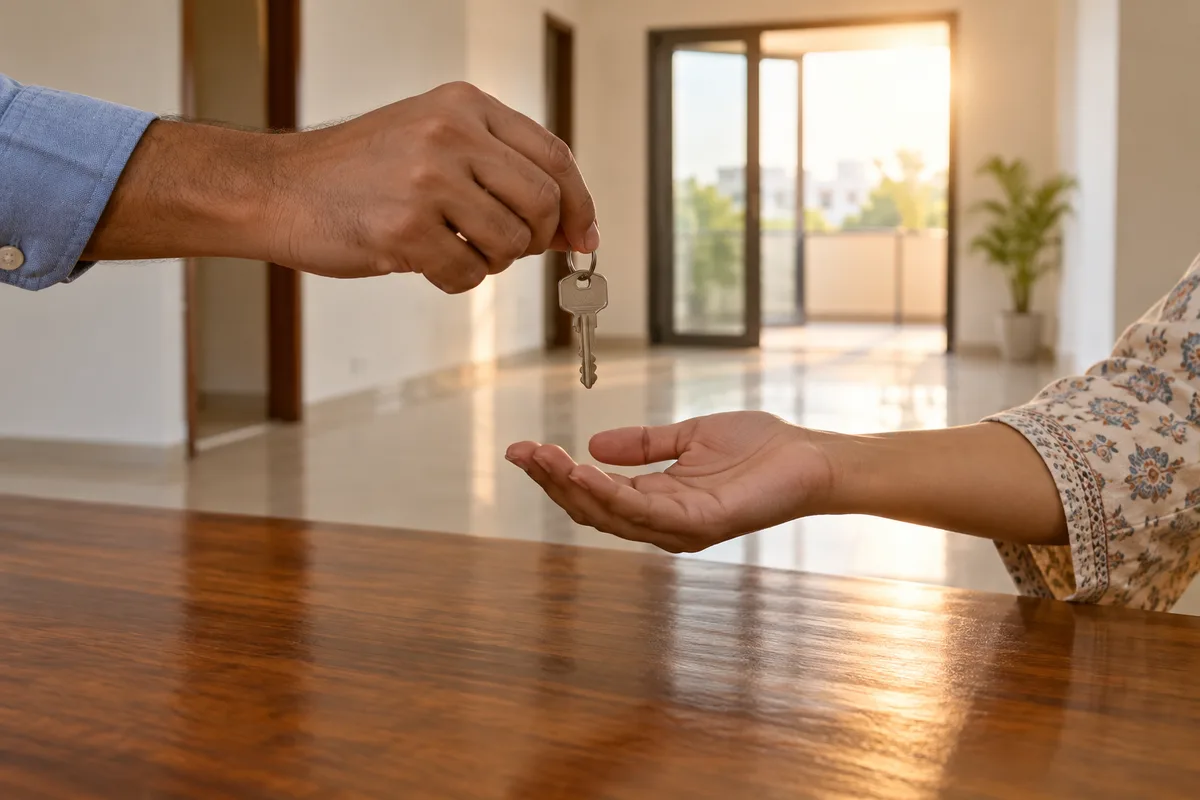 Close-up of a hand passing a simple house key across an empty polished wooden table, sunlit doorway and empty apartment softly blurred beyond
