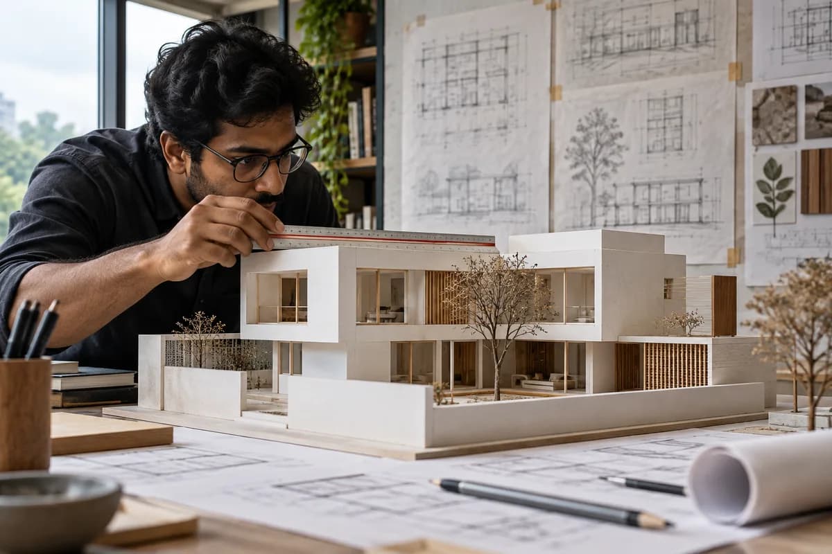Architectural studio with a large physical white house model in foreground, tracing paper pinned vertically in background, architect's hand measuring model with scale ruler