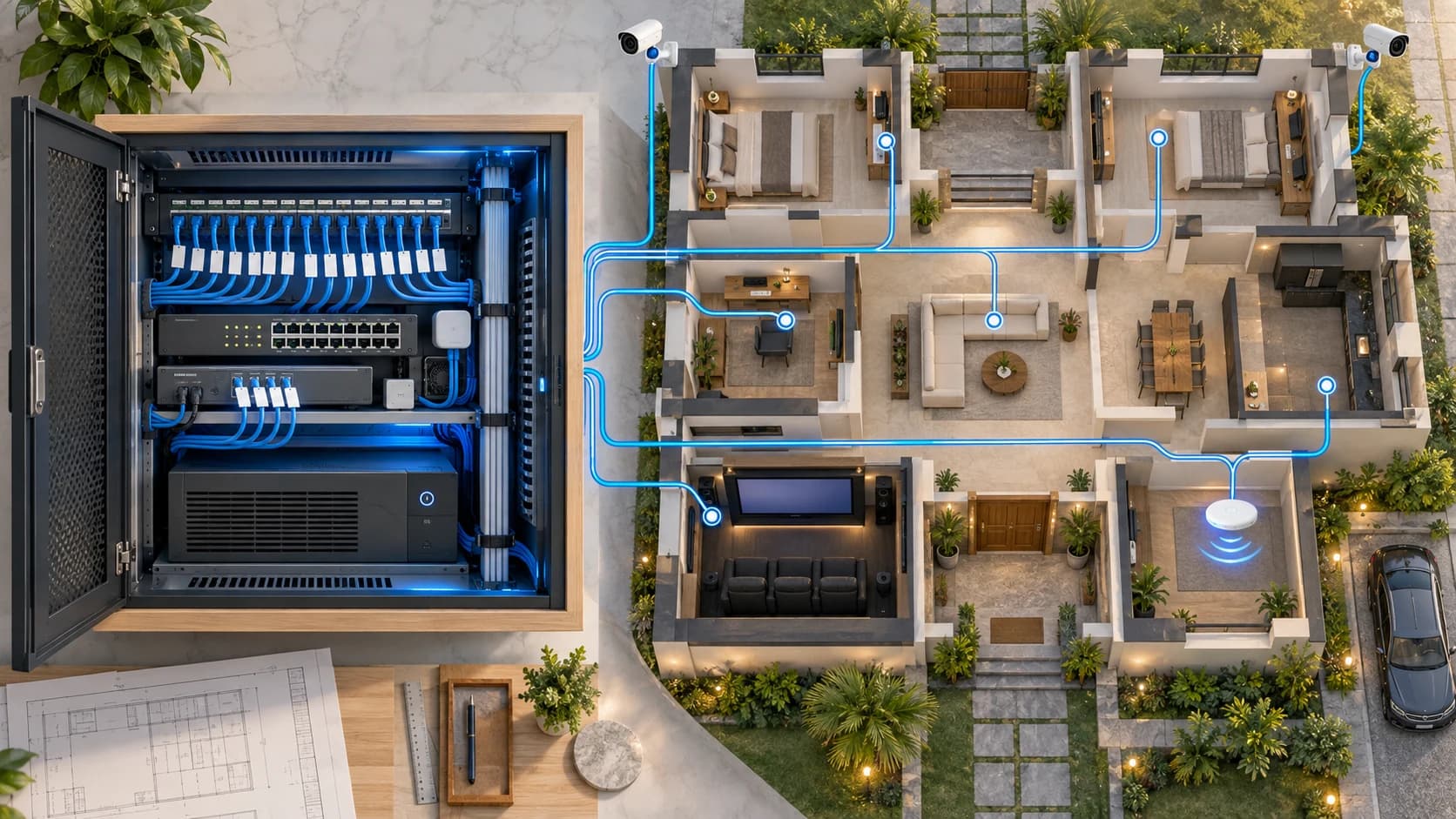3D view of a tidy home network and automation cabinet connected to rooms, cameras and a home theatre