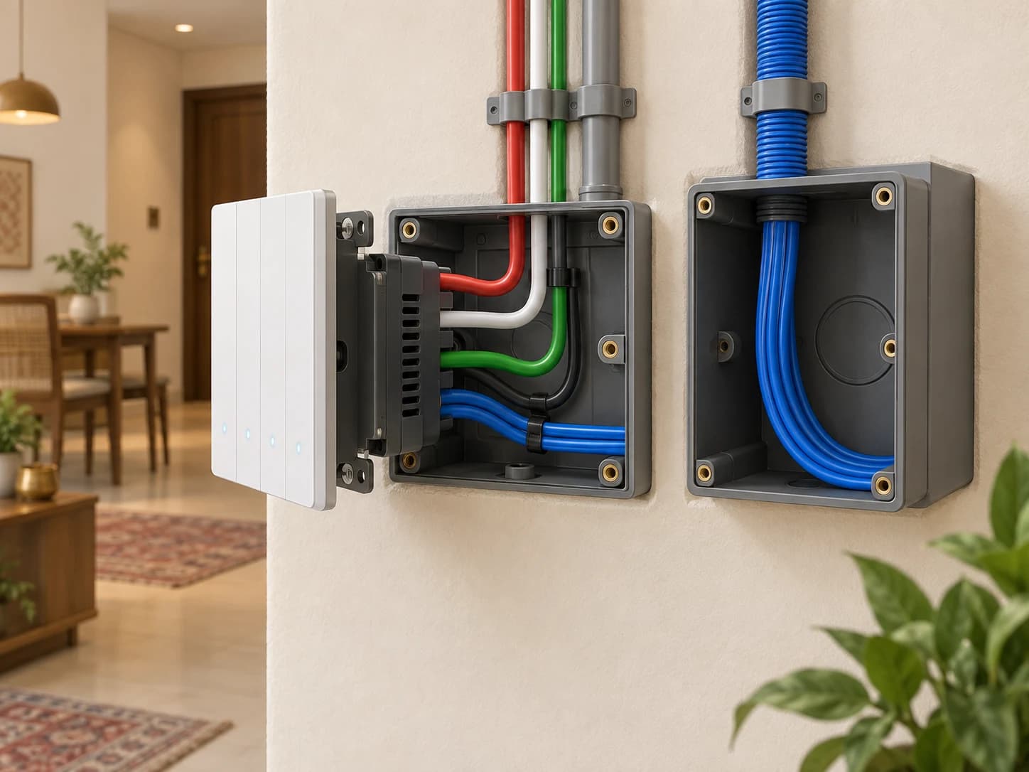 3D cutaway of a smart-ready wall switch box with separate electrical conductors and a low-voltage conduit