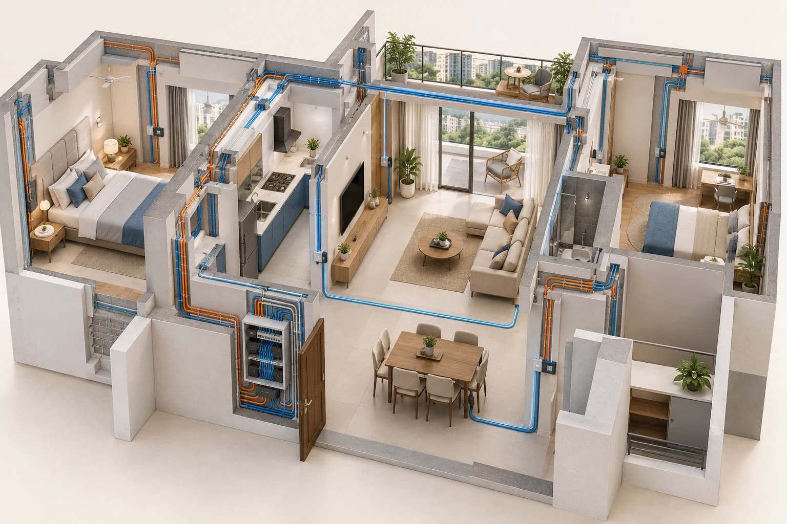 3D cutaway of an Indian apartment under renovation showing electrical conduits, network lines and a compact automation cabinet
