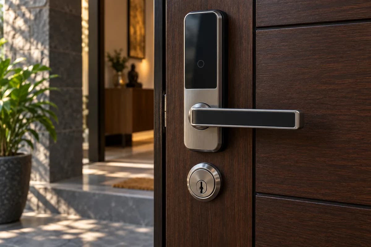 Macro close-up of a generic smart door lock and mechanical key cylinder on a dark walnut front door, side light emphasising metal texture