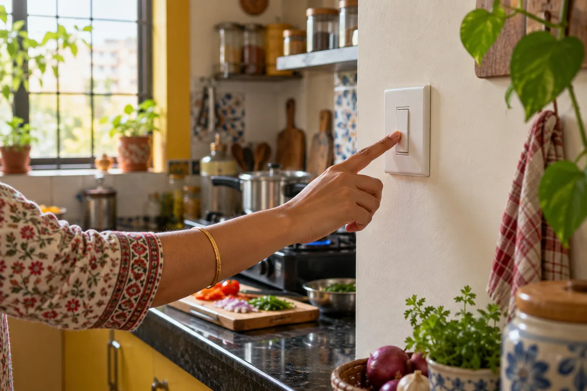 Hand reaching to press a simple generic wall switch in a colourful lived-in Indian kitchen, warm daylight, shallow depth of field