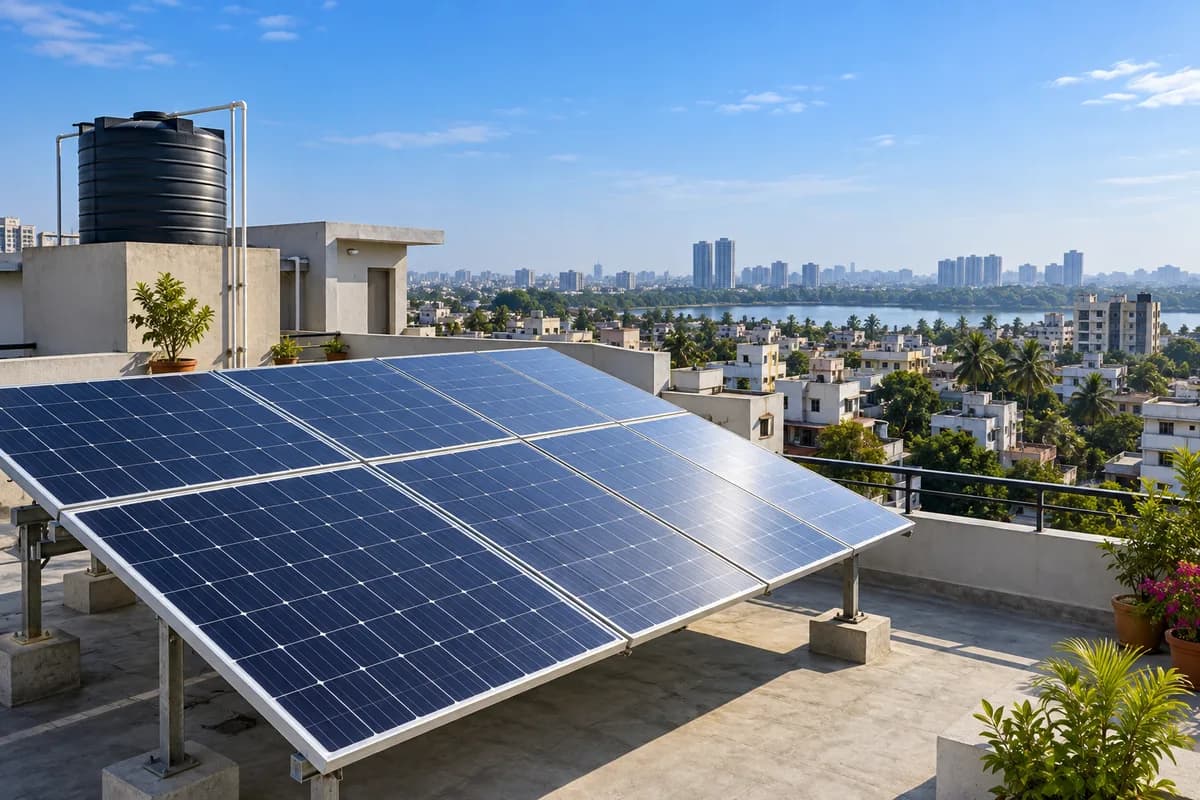 Indian urban rooftop with solar panels, water tank distant in background and skyline under bright blue morning sky