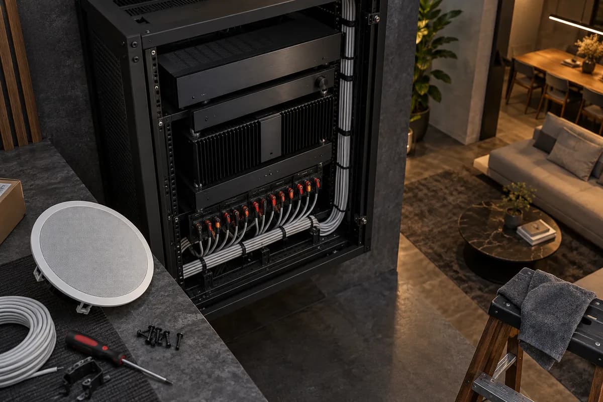 Professional multiroom audio installation concept: open black equipment rack seen from above at an angle, amplifier units and organised speaker wiring, ceiling speaker grille resting beside it