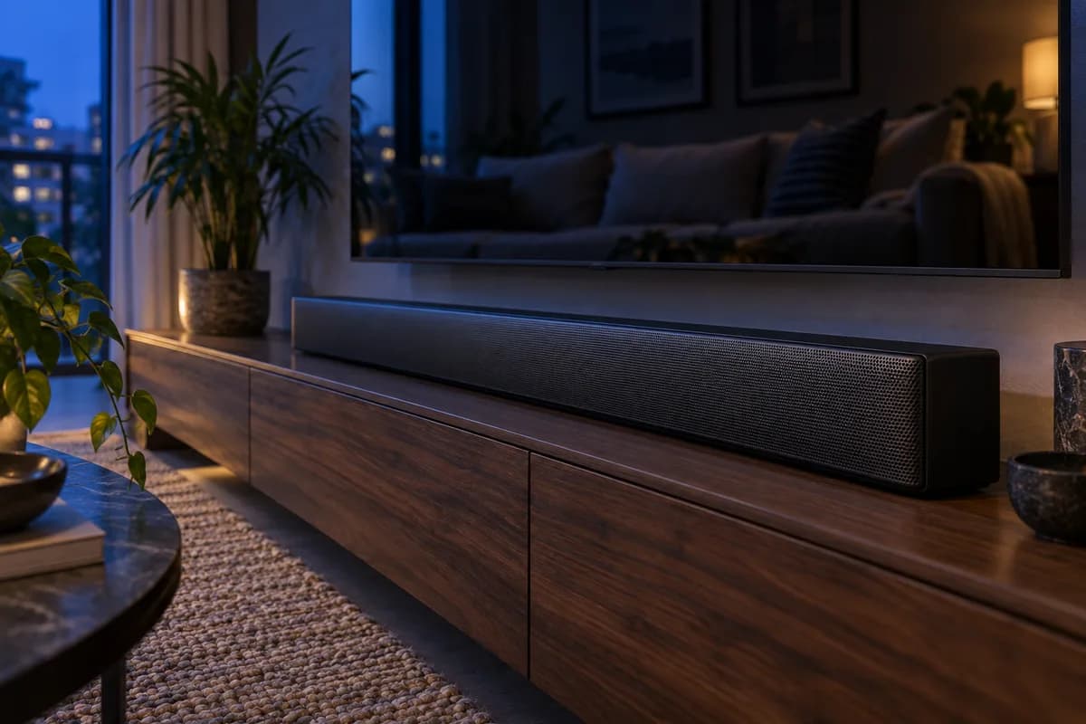 Low close-up of a long generic soundbar under a wall-mounted TV, blurred upholstered sofa reflected in black screen, dramatic indigo evening light, focus on perforated speaker texture