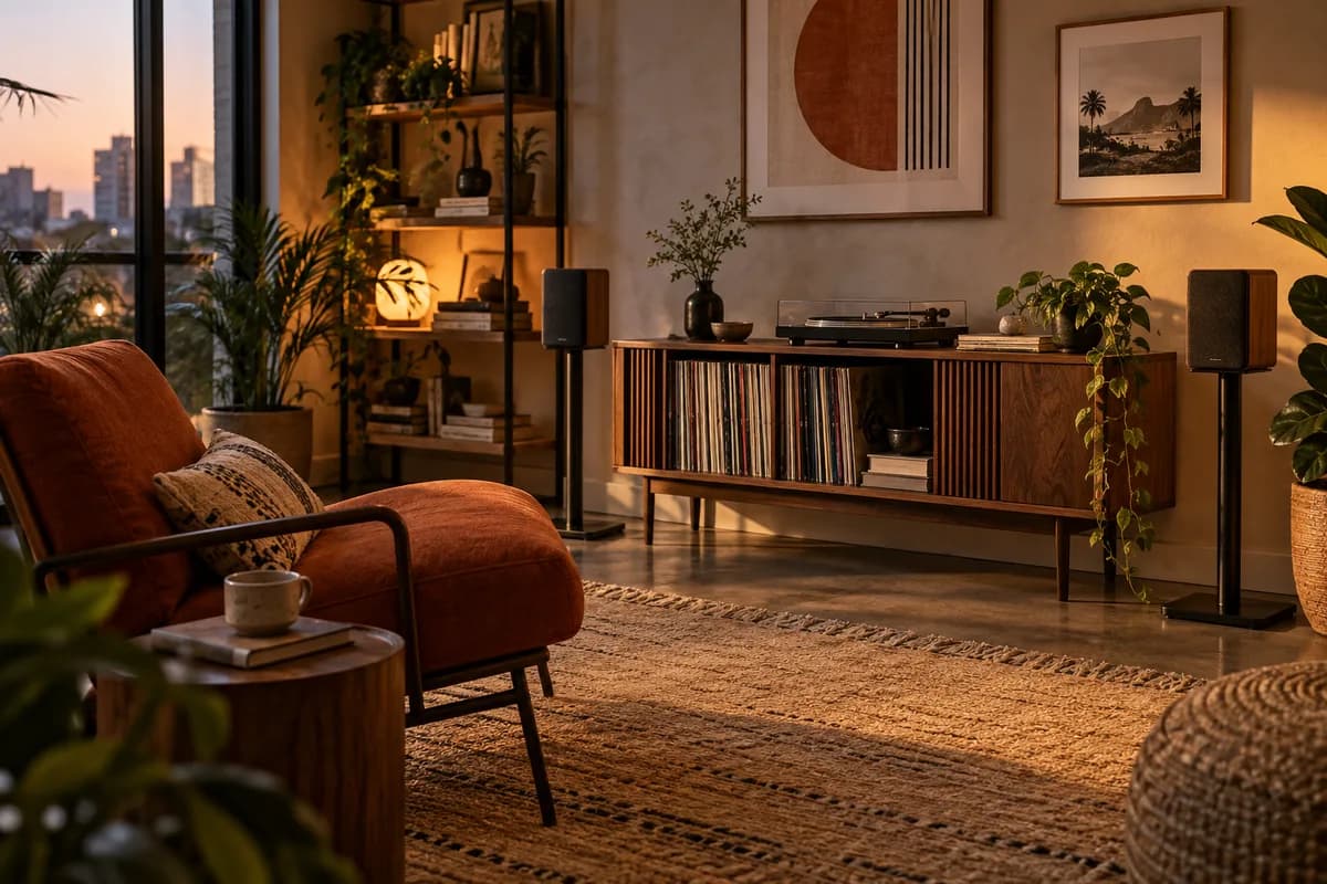 A dedicated music-listening nook with two generic compact wireless speakers on stands flanking a low record console, empty rust-coloured lounge chair in foreground