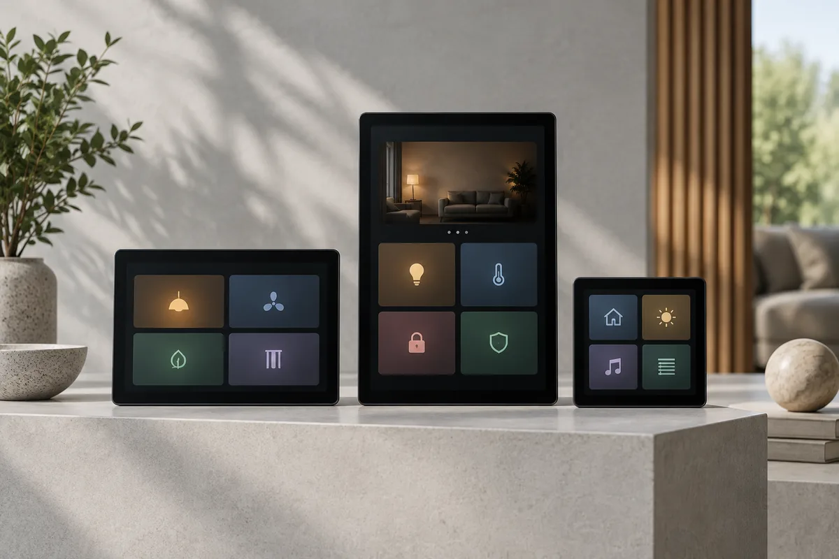 Three generic dark rectangular home control touchscreens of different sizes arranged upright on a pale grey studio plinth