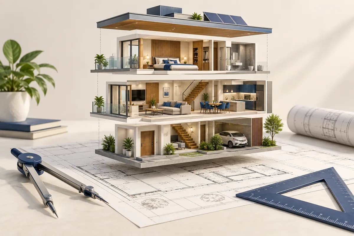 3D concept: Architect solution: a dramatic exploded architectural section model above its technical drafting base, with precision compass and triangular ruler in foreground