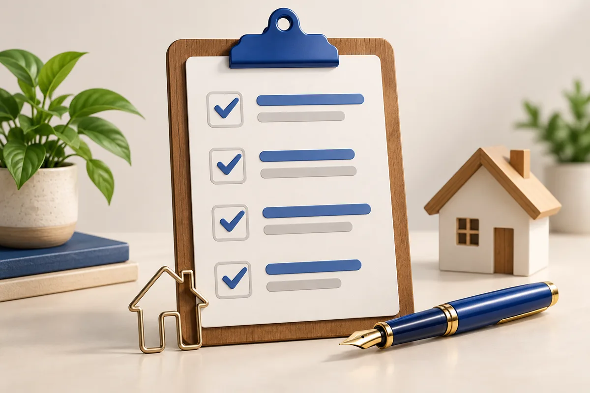 3D concept: Project brief drafting tool: upright clipboard with abstract checklist rows, a fountain pen and a small house-shaped paper clip