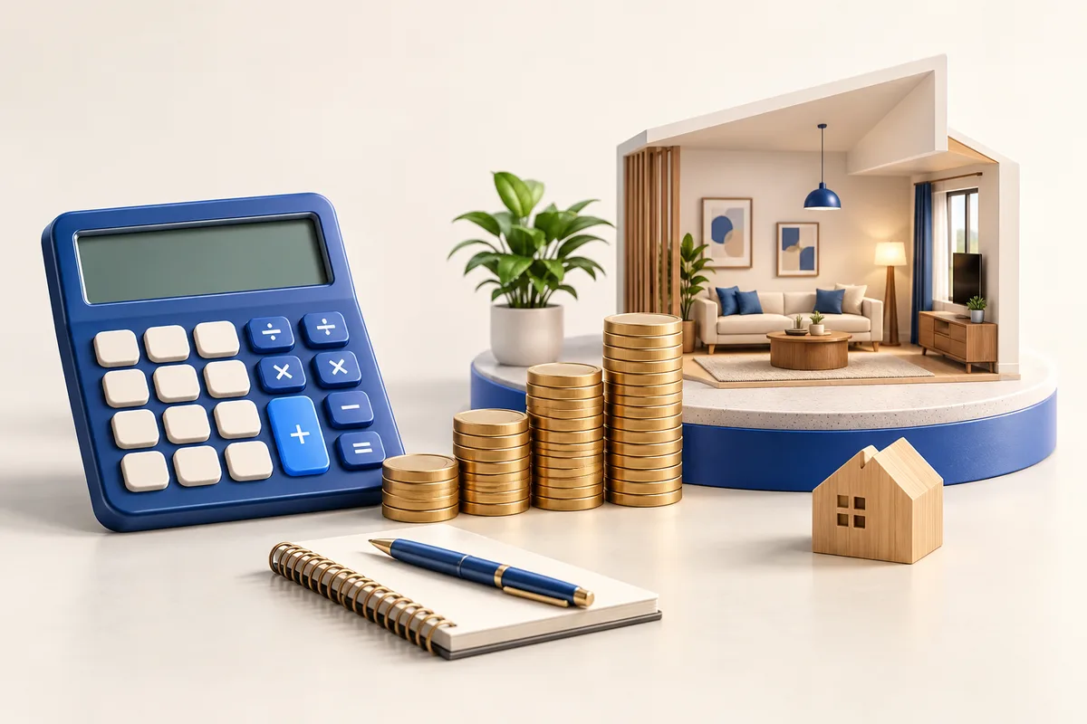 3D concept: Budget planning tool: a large tactile calculator beside ascending coin stacks and a small room model on a circular plinth