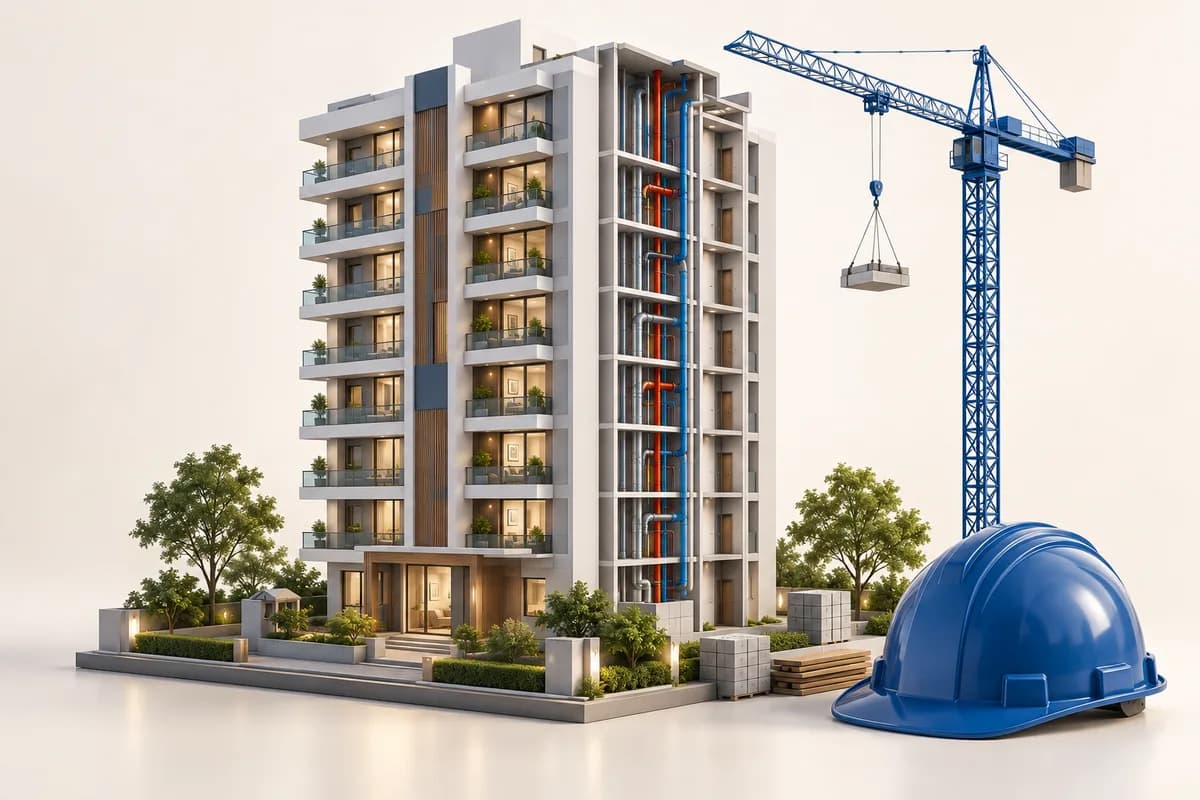 3D concept: Builder solution: a residential apartment tower miniature with a construction crane and hard hat, one facade open to reveal coordinated service risers
