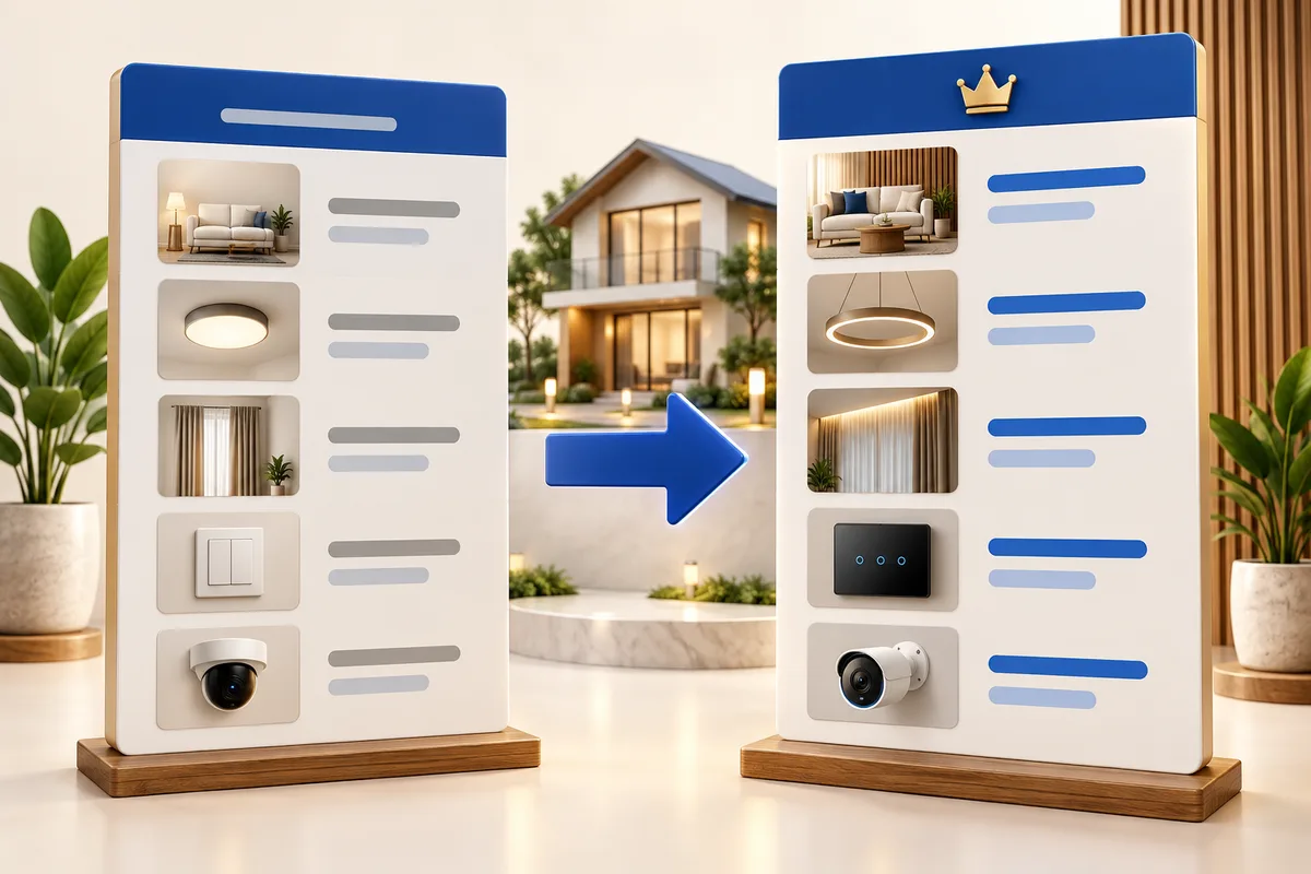 Two home automation proposal boards with aligned room items and a comparison arrow