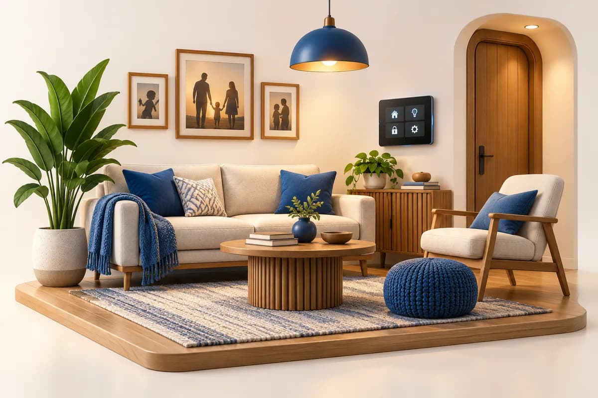 3D concept: Homeowner solution: a warm furnished living-room miniature with sofa, indoor plant, personal family picture silhouettes, wall scene keypad and subtly glowing pendant