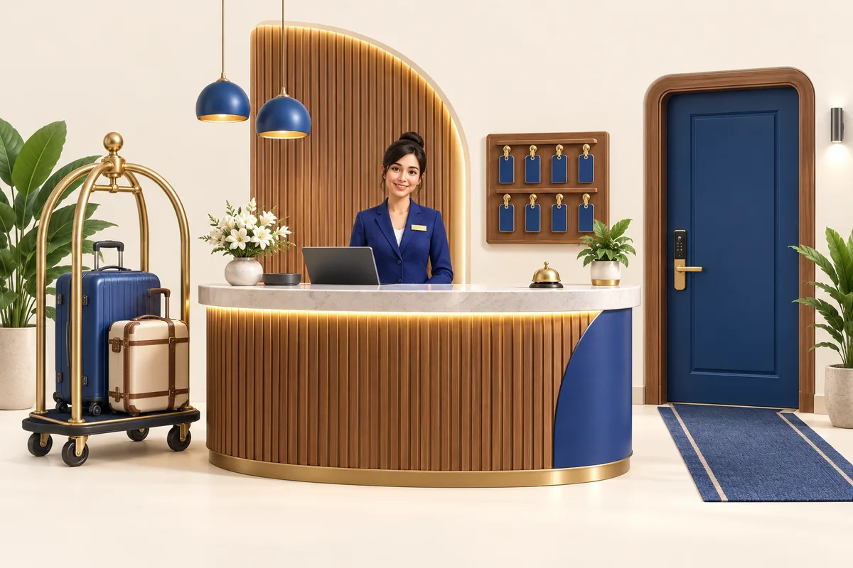 3D concept: Hotel solution: a boutique hotel reception desk with luggage trolley, hanging room key cards and a small guest-room door with digital access control
