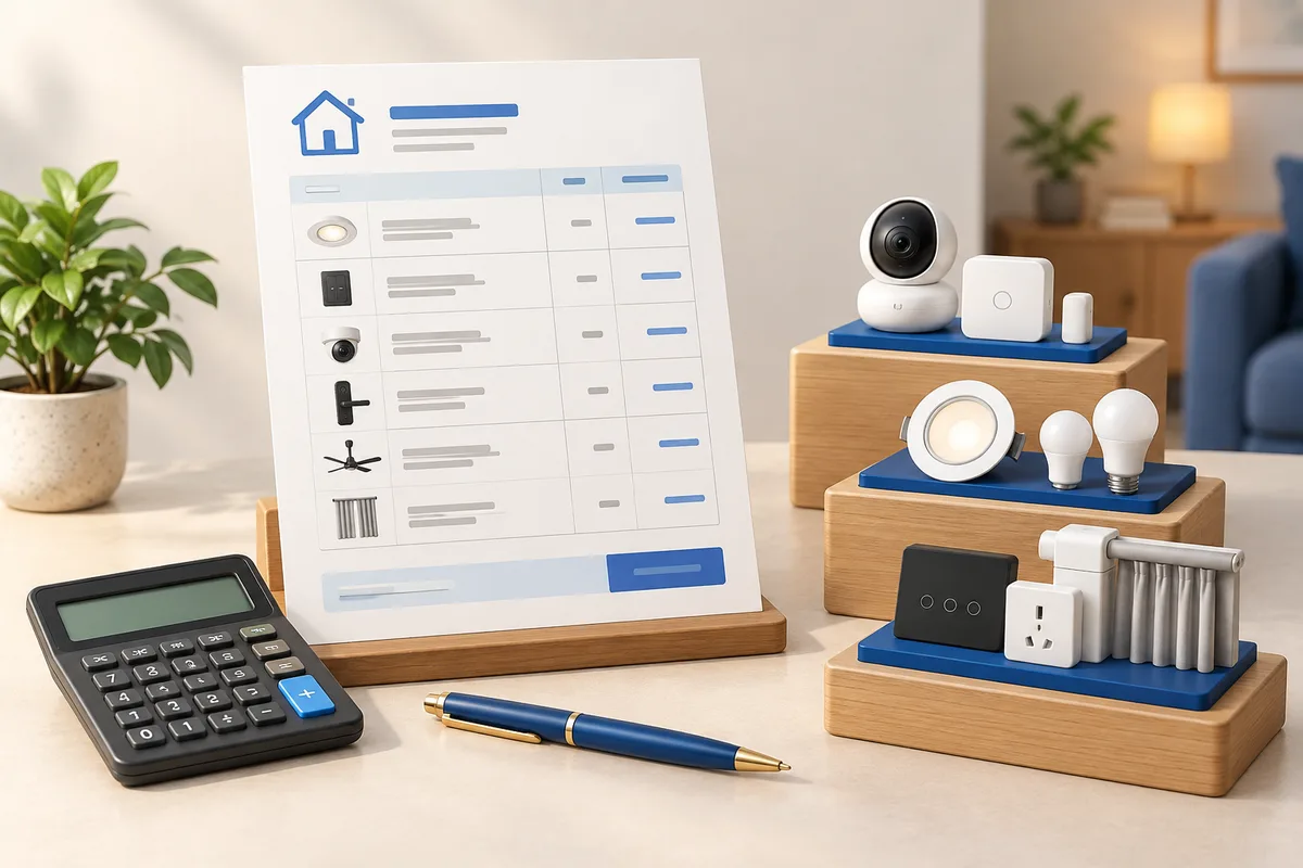 3D concept: Provider quotation preparation tool: an upright itemised proposal sheet with abstract aligned rows, a compact calculator, pen and three small equipment packages