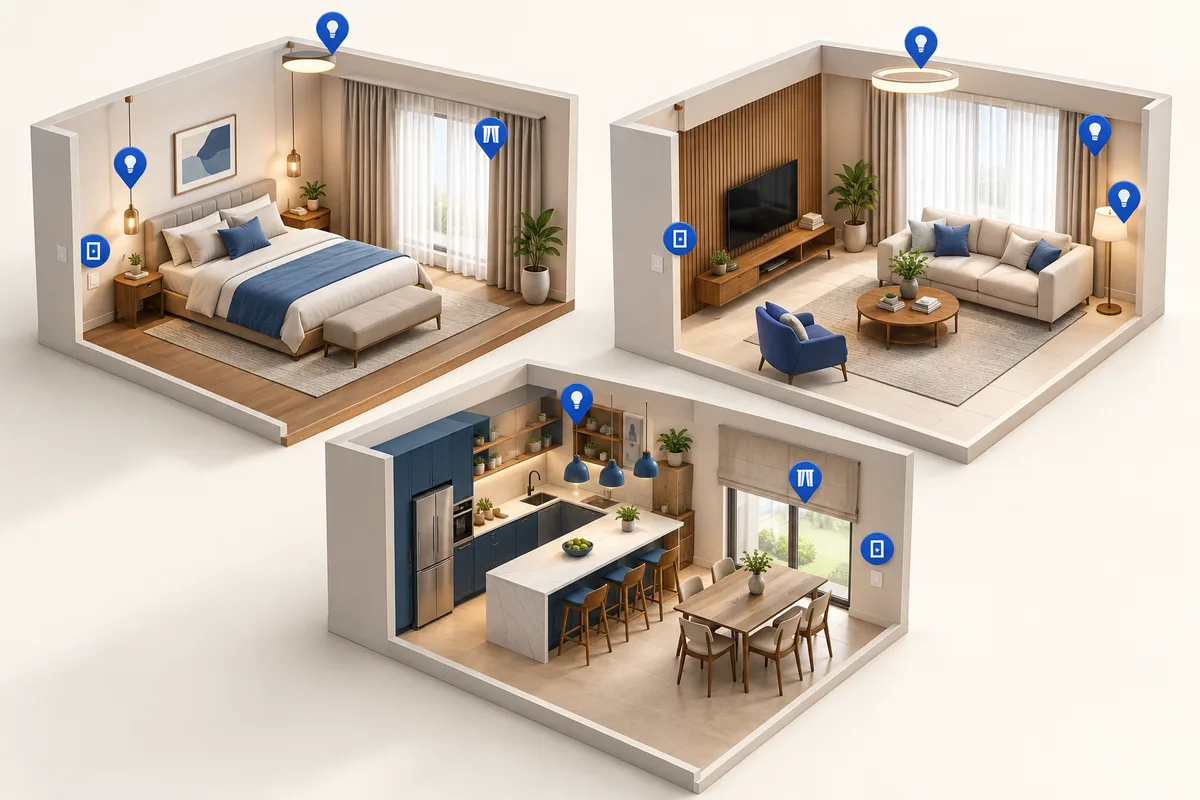3D concept: Room and point scope planning tool: three exploded room modules, each with visible blue location pins marking lights, switches and curtains