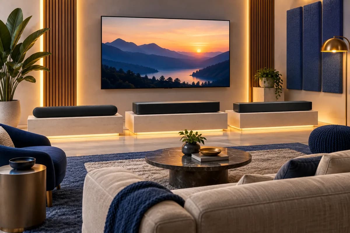 Three generic soundbars arranged below a television in a listening room