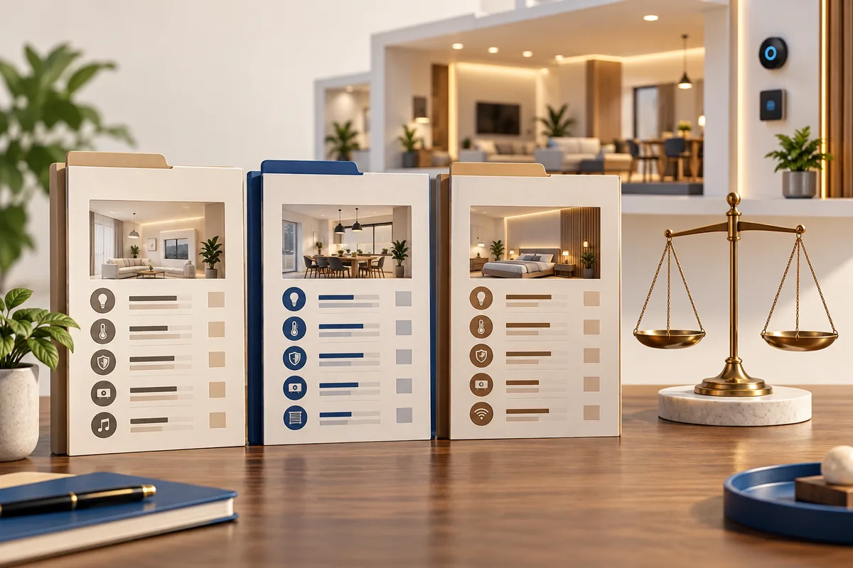 Three proposal folders and a balance scale for comparing home automation quotations