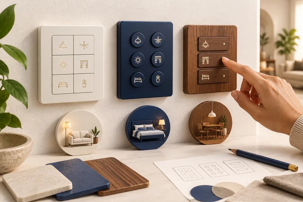 Three tactile smart home keypad designs with room scene symbols and material samples