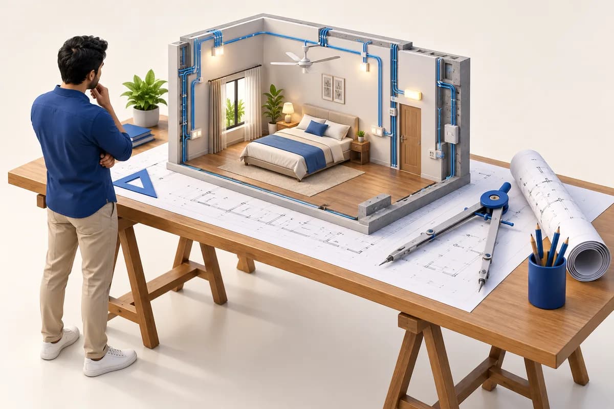 3D concept: Architect coordination: a wide drafting table holding a detailed single-room cutaway with electrical routes visible in walls, an oversize drawing compass and a rolled plan at the side