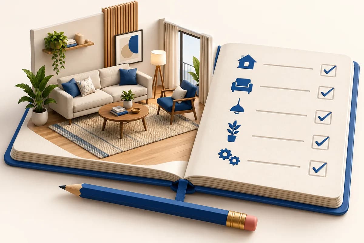 3D concept: Project brief drafting: a wide open planning notebook with a small living-room scene rising from one page and embossed checklist shapes on the other, pencil resting across bottom