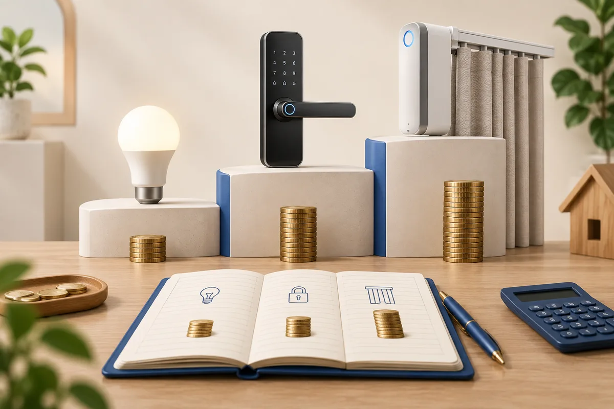 3D concept: Home automation budget planner: a horizontal arrangement of three stepped platforms carrying a light, smart lock and curtain motor, with different coin stacks and an open ledger in foreground