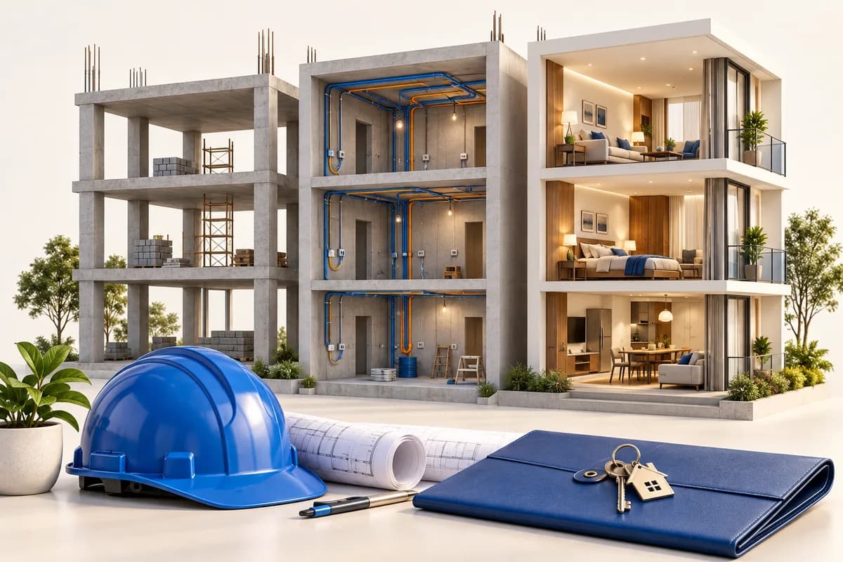 3D concept: Builder planning and handover: three building bays in consecutive construction stages, structural frame, electrical rough-in, finished apartment; a site helmet and handover folder in foreground