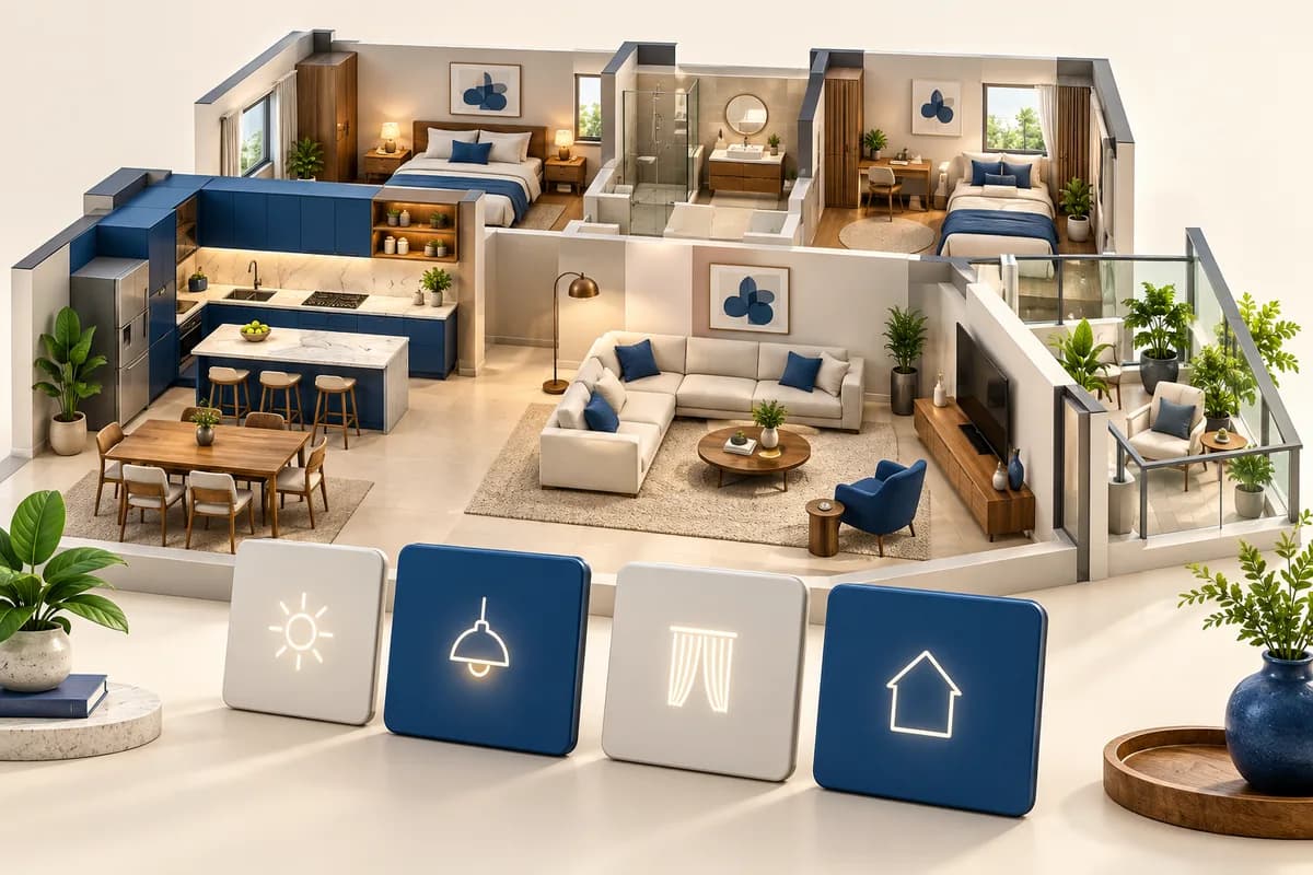 3D concept: Homeowner smart-home planning: a spacious cutaway family apartment, kitchen and lounge arranged across a wide base, tactile scene-control tiles held upright in foreground, warm daylight