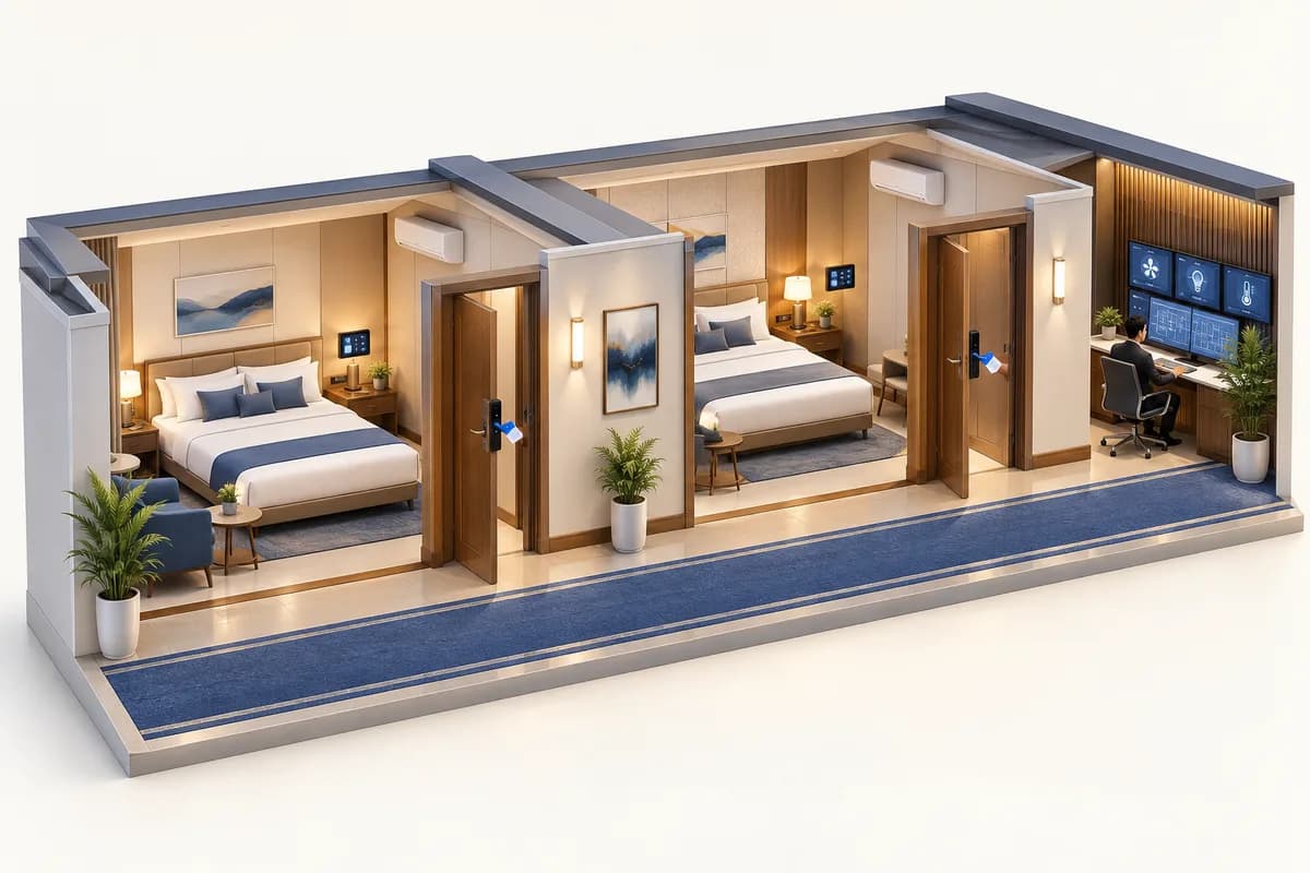 3D concept: Hotel automation planning: a wide cutaway hotel corridor with two guest rooms, each showing keycard entry, bedside controls and air conditioning, a discreet central control console at one end